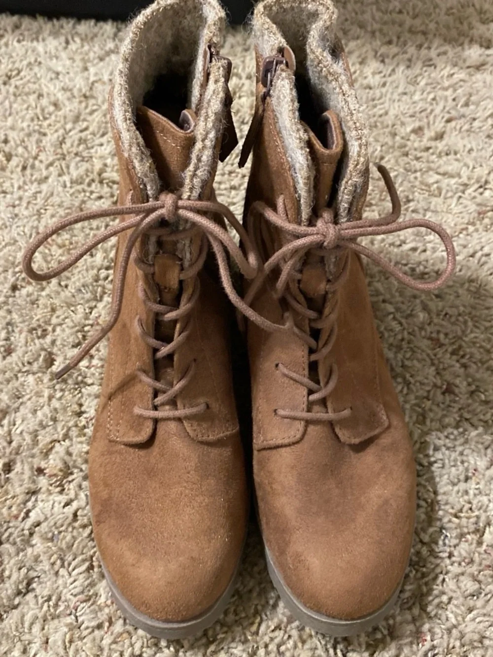 Target Chestnut Brown Lace-Up Suede Ankle Boots with Knit Collar